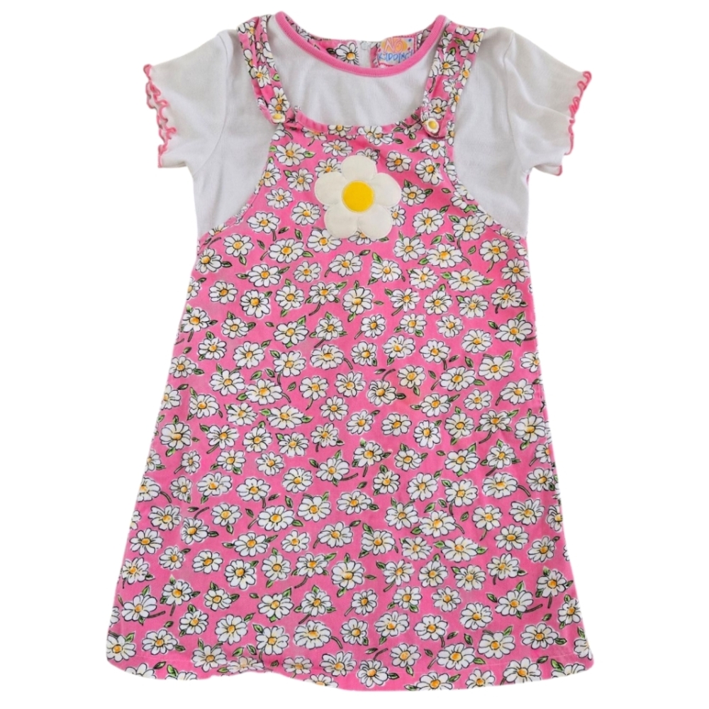 Vintage 1990s Y2K No Kidding Pink Floral Jumper Dress with Daisy Accent